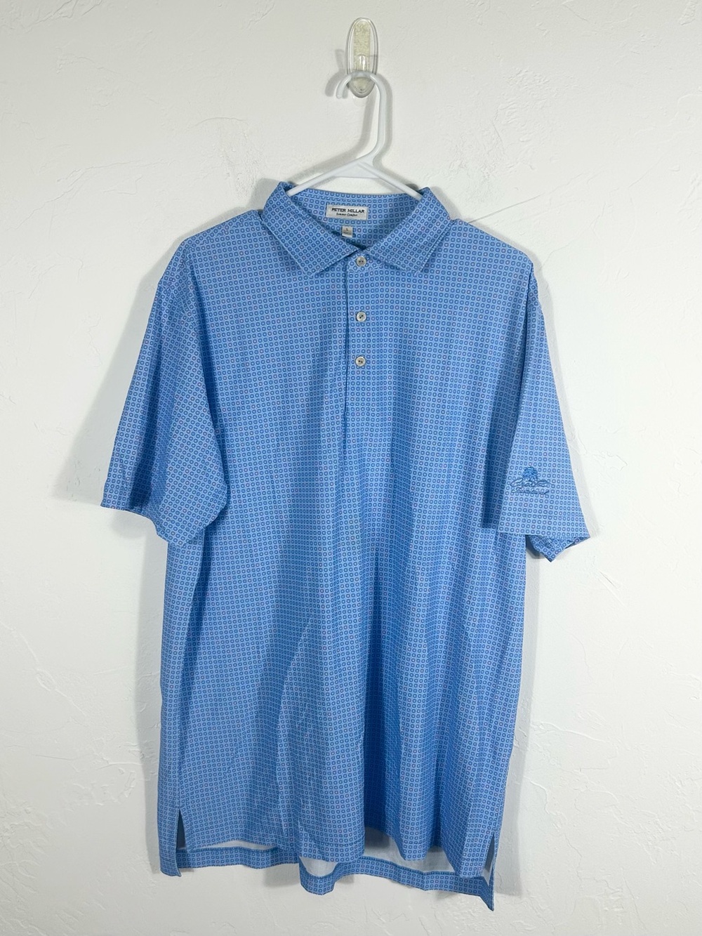 Peter Millar Summer Comfort Men's Large Blue Geometric Mosaic Golf Polo Shirt